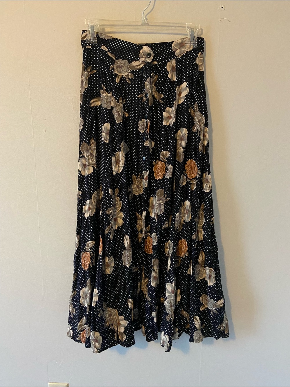 Vintage Black floral skirt micro polka dot maxi midi size 7/8 soft grunge 90s